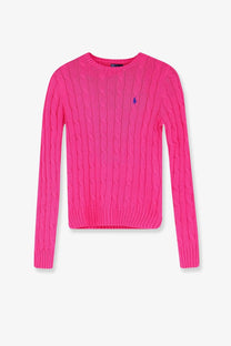 Bright pink Polo Ralph Lauren women’s cotton cable knit sweater with small blue embroidered logo on the chest