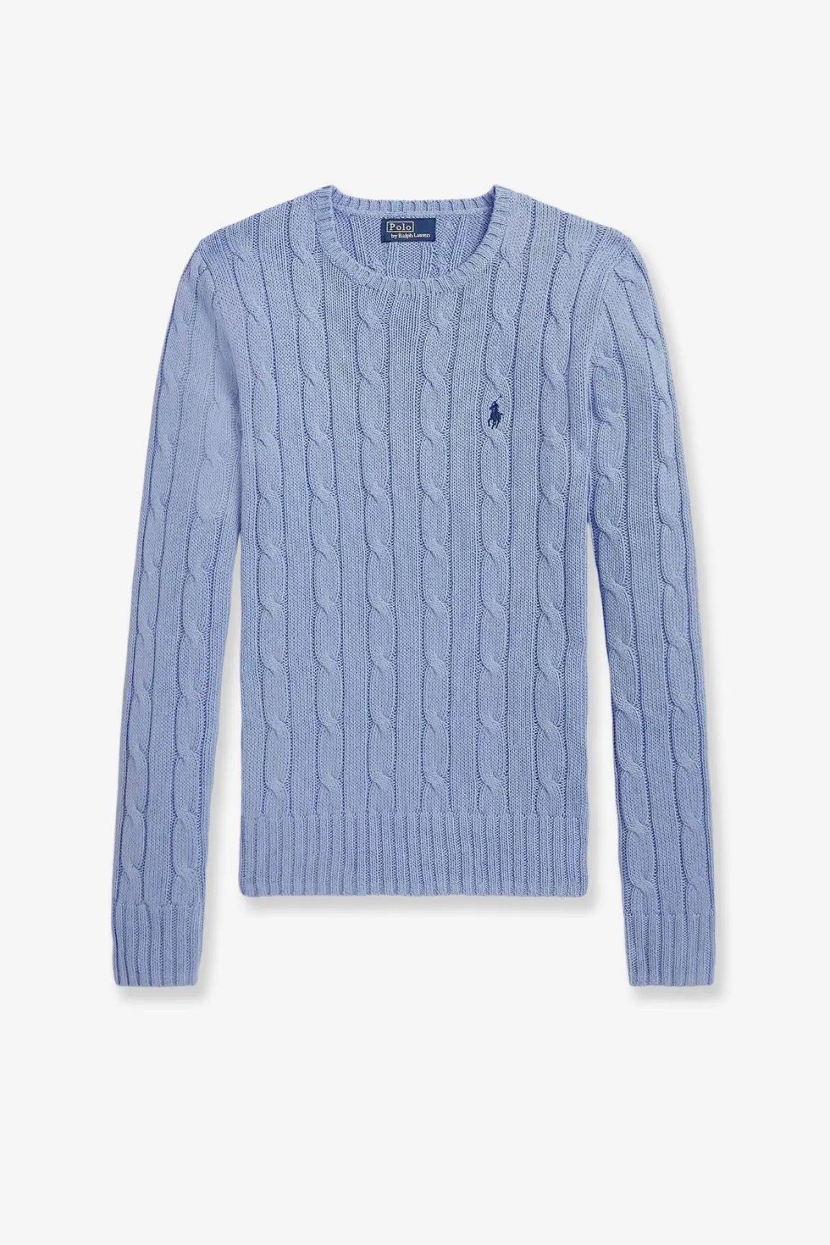 Light blue cotton cable-knit sweater with round neckline and ralph lauren polo player logo on left chest