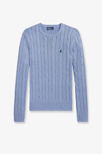 Light blue cotton cable-knit sweater with round neckline and ralph lauren polo player logo on left chest