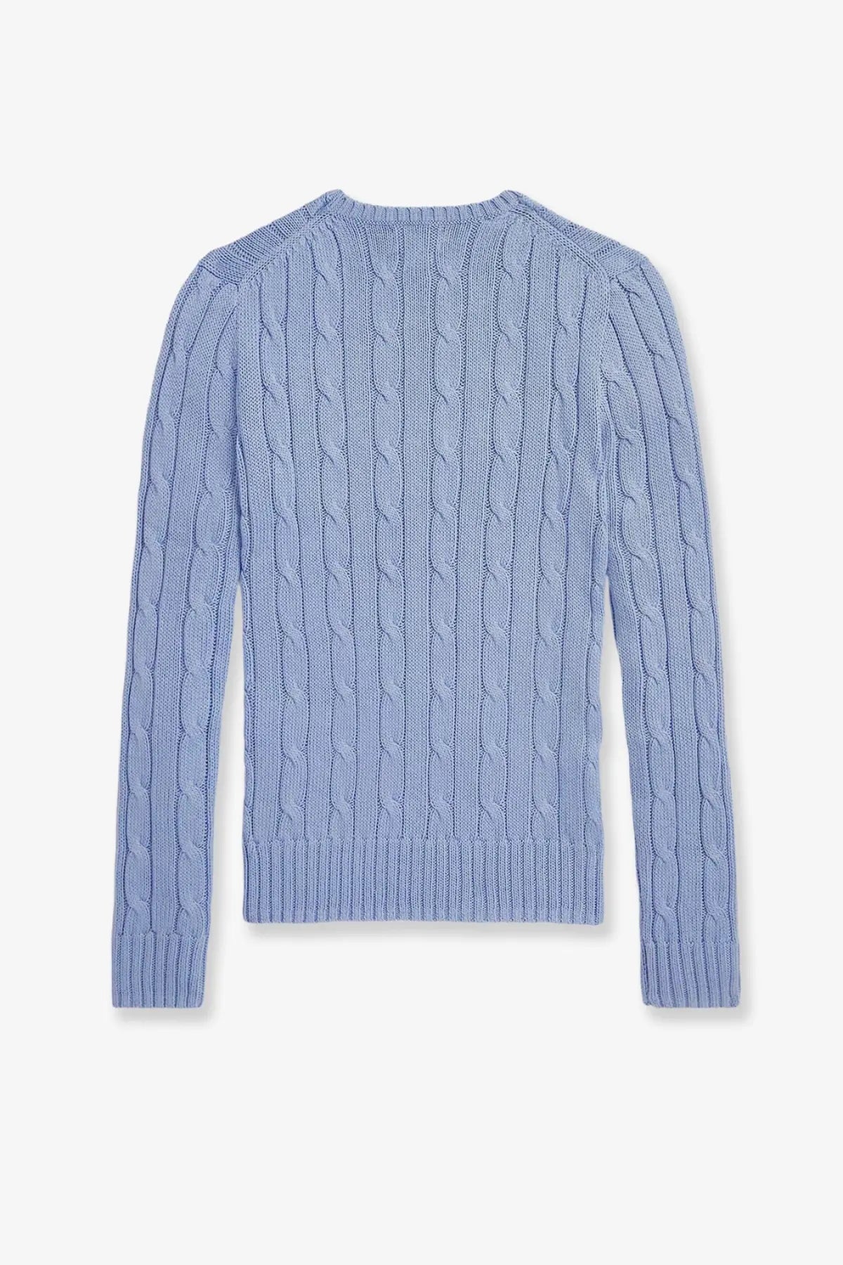 Light blue cotton cable-knit sweater with ribbed neckline and cuffs by polo ralph lauren women’s cotton sweater blue