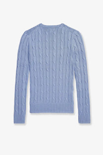 Light blue cotton cable-knit sweater with ribbed neckline and cuffs by polo ralph lauren women’s cotton sweater blue