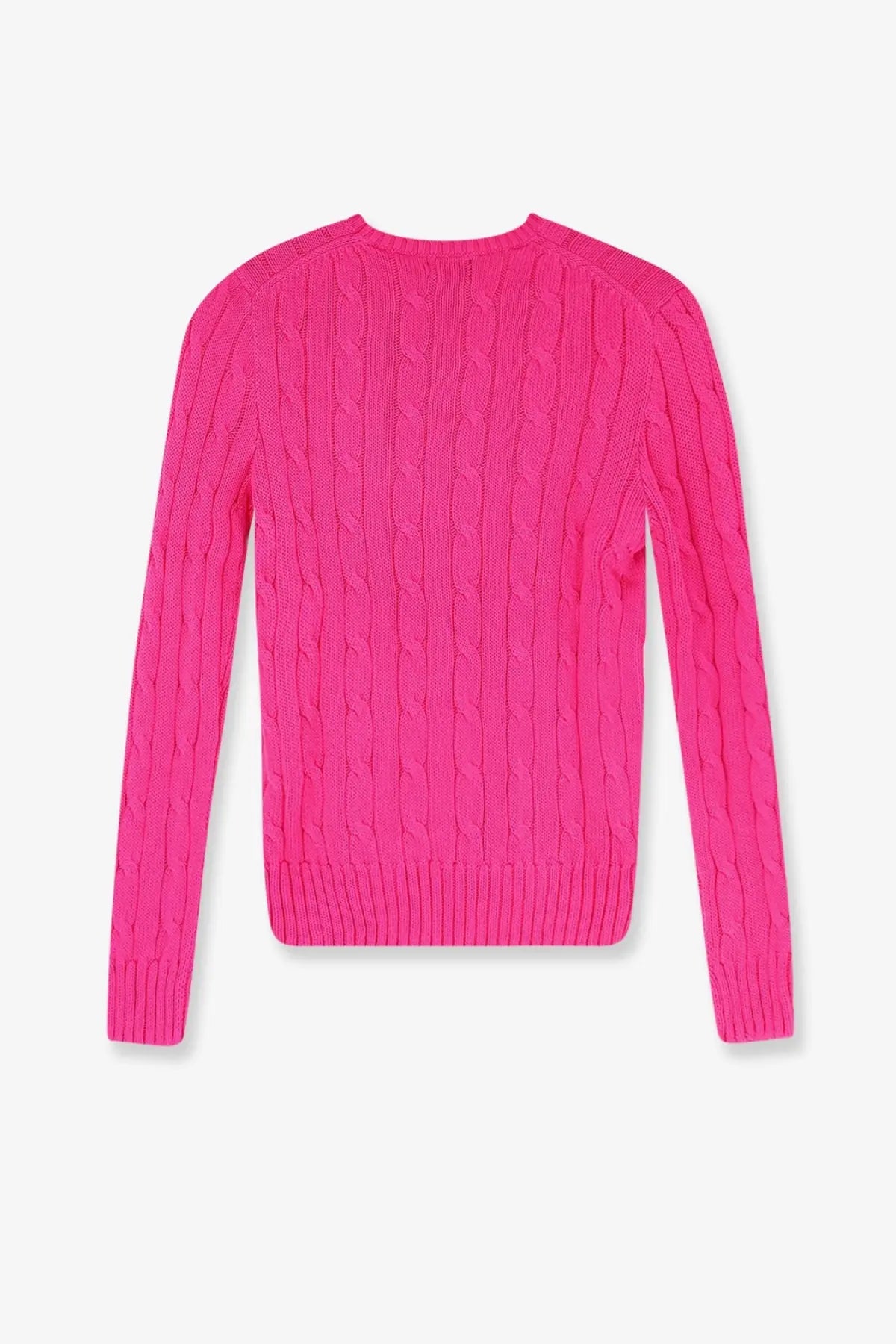 A vibrant pink cotton cable-knit sweater with ribbed cuffs and hem from polo ralph lauren women’s collection