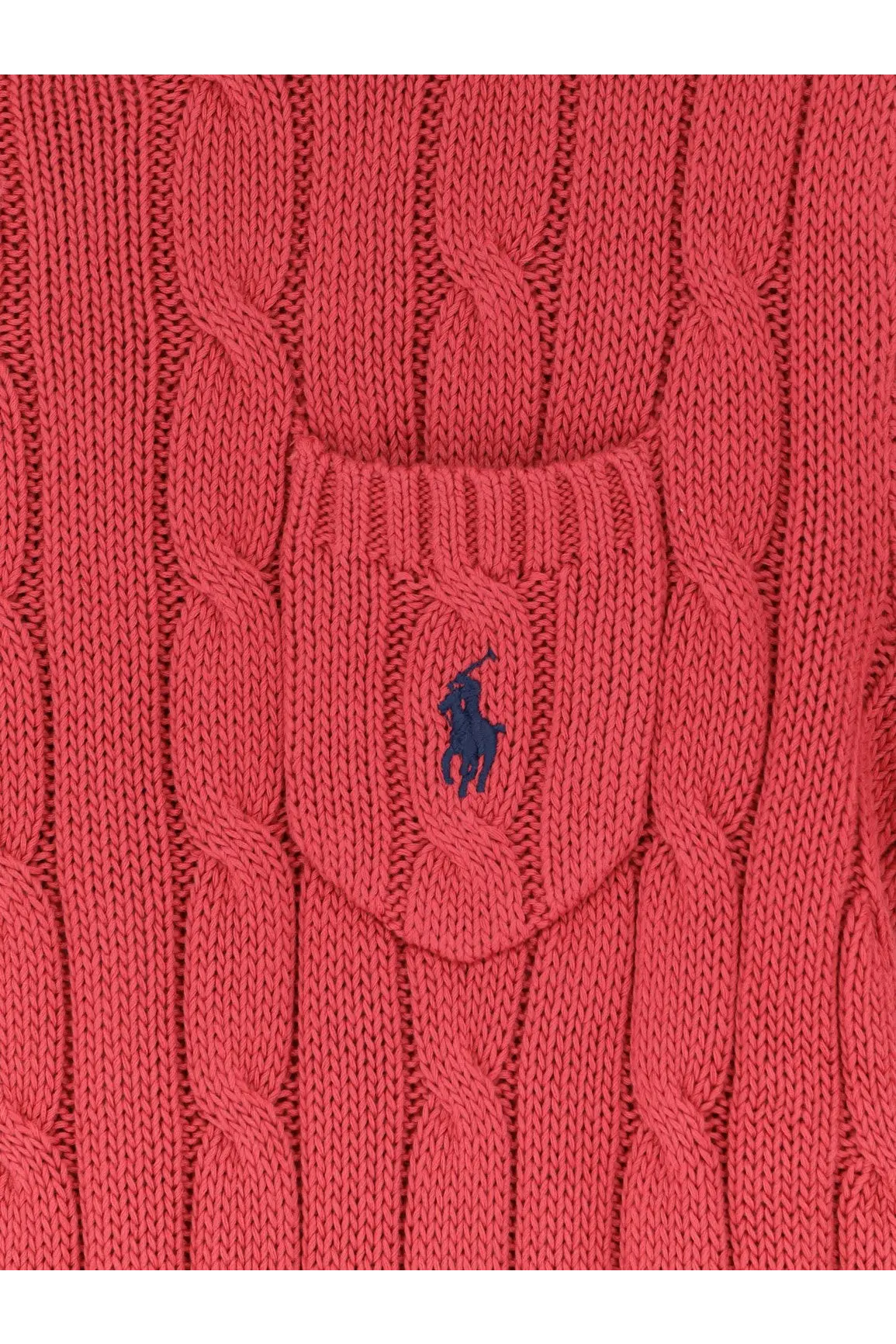 A coral-red cotton cable-knit sweater with a front pocket and blue Polo Ralph Lauren logo for women