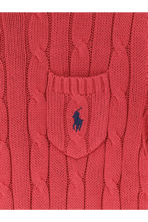 A coral-red cotton cable-knit sweater with a front pocket and blue Polo Ralph Lauren logo for women