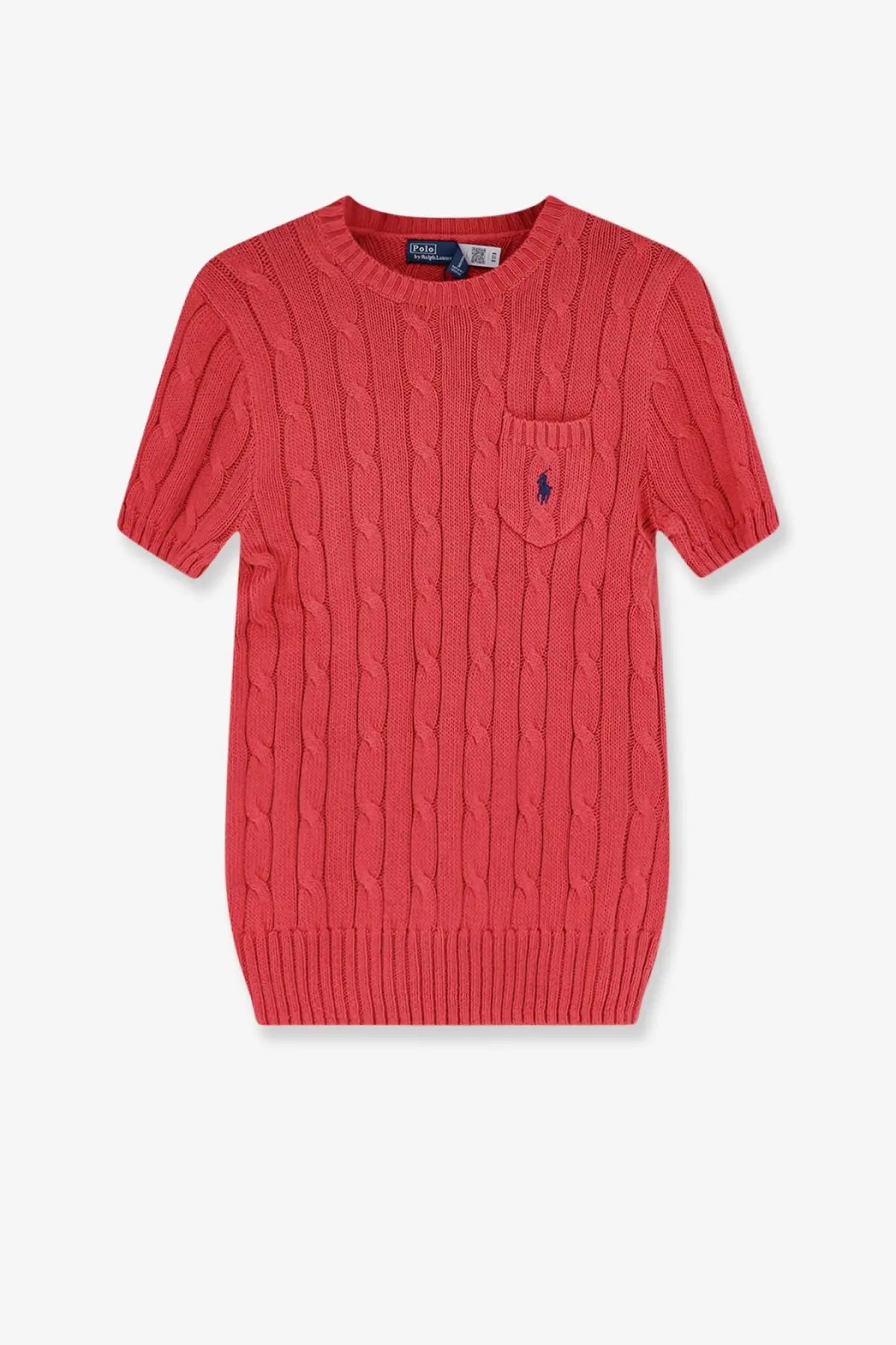 Coral-red cotton short-sleeved cable-knit sweater with chest pocket and Ralph Lauren polo player logo for women
