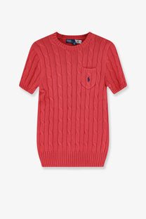 Coral-red cotton short-sleeved cable-knit sweater with chest pocket and Ralph Lauren polo player logo for women