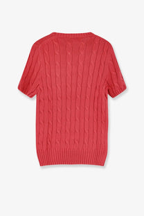 Polo Ralph Lauren women’s cotton sweater in coral red featuring a vibrant short-sleeved cable knit pattern
