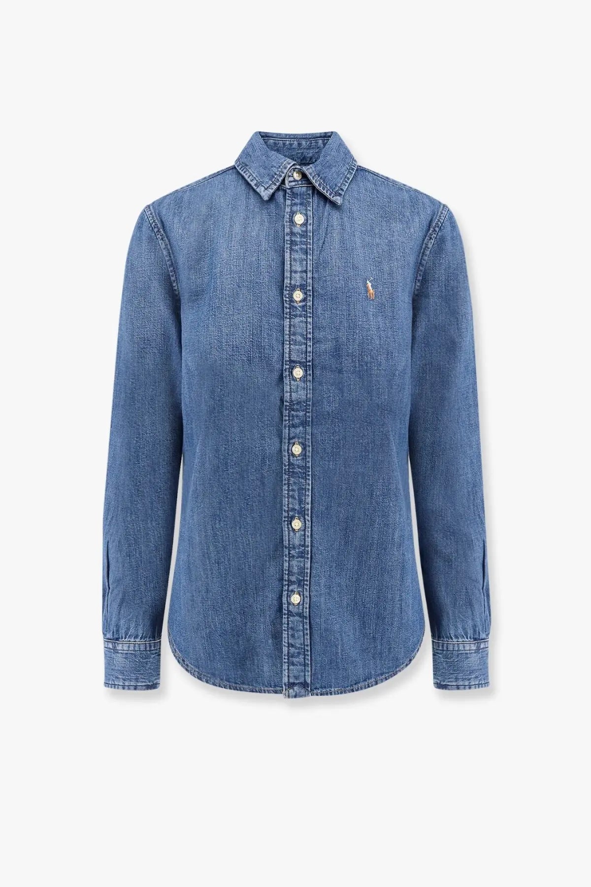 Polo ralph lauren women’s denim button-up shirt in blue with a small embroidered logo on the left chest