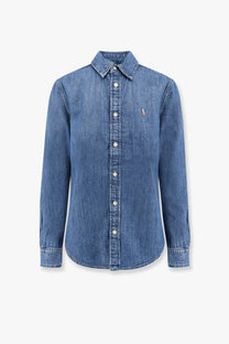 Polo ralph lauren women’s denim button-up shirt in blue with a small embroidered logo on the left chest