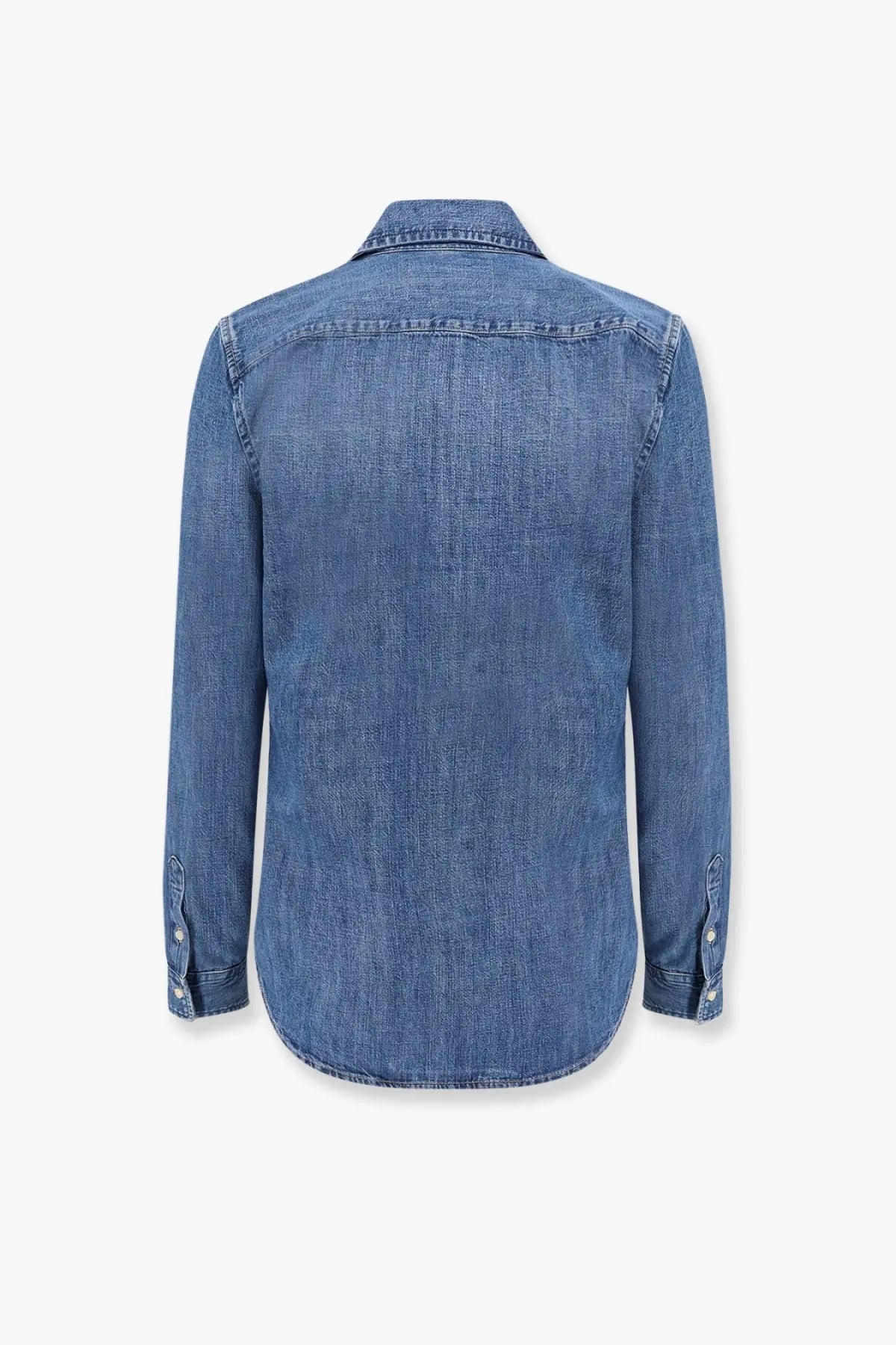 Polo Ralph Lauren women’s medium-wash denim shirt with buttoned collar and long sleeves in classic style