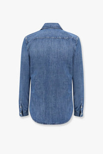 Polo Ralph Lauren women’s medium-wash denim shirt with buttoned collar and long sleeves in classic style
