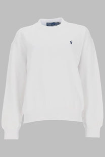 White Polo Ralph Lauren women’s sweatshirt with navy blue embroidered polo player logo on left chest