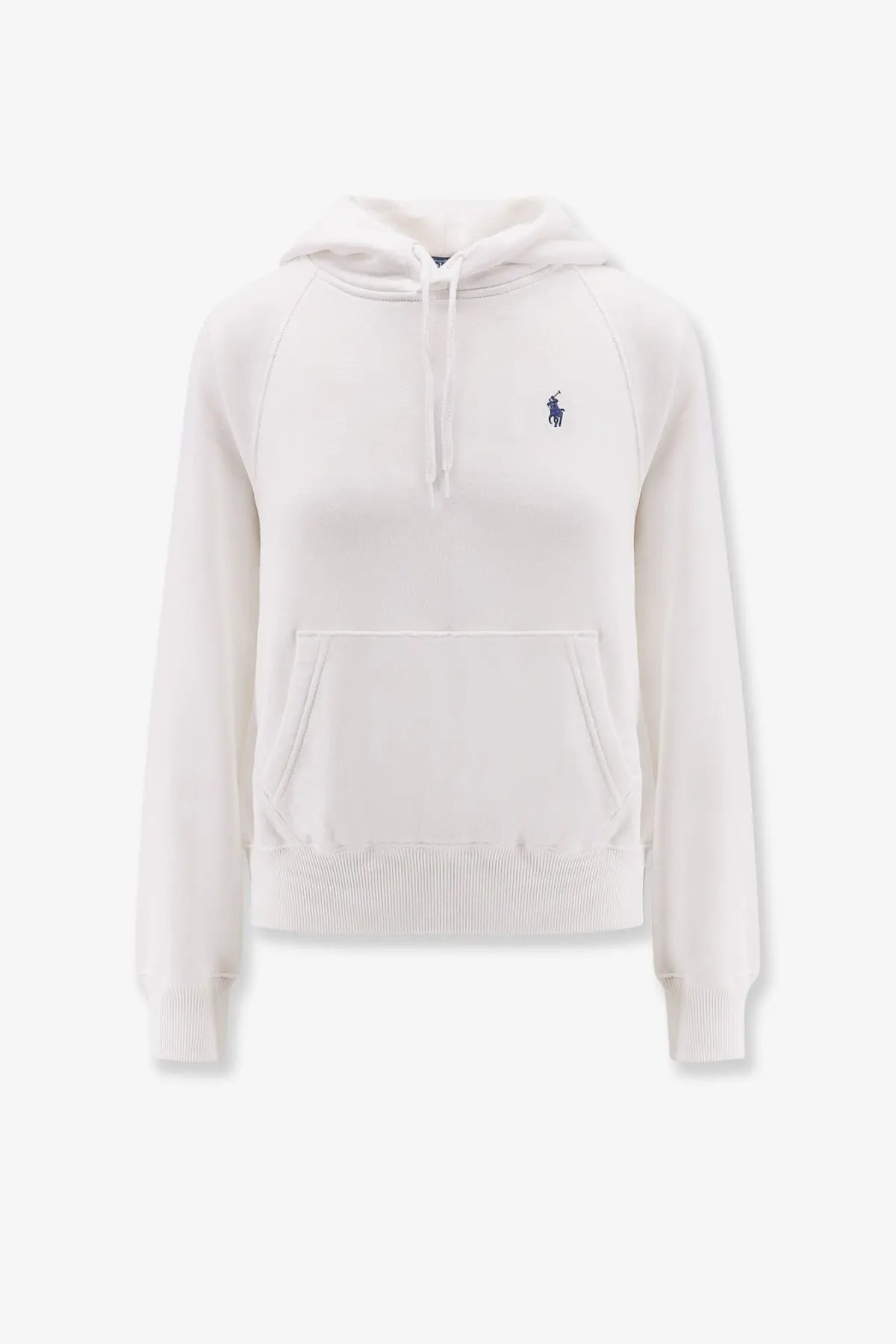 White ralph lauren hooded cotton sweatshirt with navy blue embroidered polo player logo and ribbed cuffs and hem