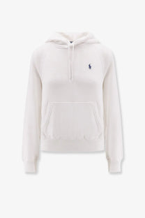 White ralph lauren hooded cotton sweatshirt with navy blue embroidered polo player logo and ribbed cuffs and hem