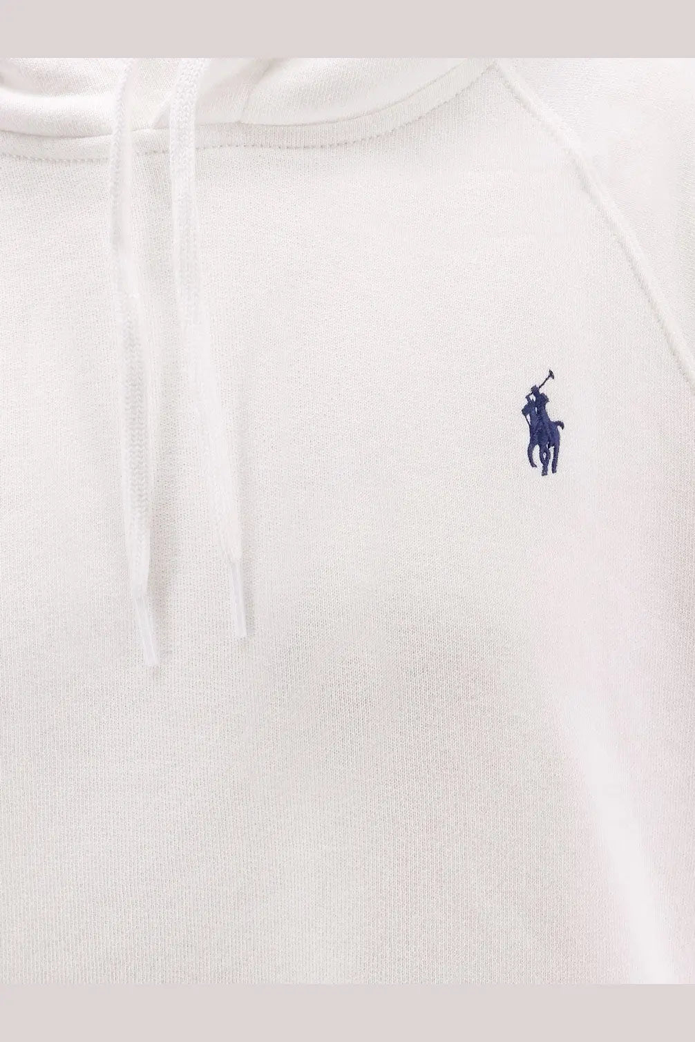 White hooded cotton sweatshirt for women by Polo Ralph Lauren with a navy blue embroidered polo player logo on the chest
