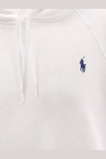 White hooded cotton sweatshirt for women by Polo Ralph Lauren with a navy blue embroidered polo player logo on the chest