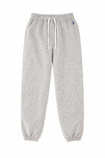 Polo Ralph Lauren women’s jogger pants in grey heathered fabric with white drawstrings and a blue embroidered logo on the waistband