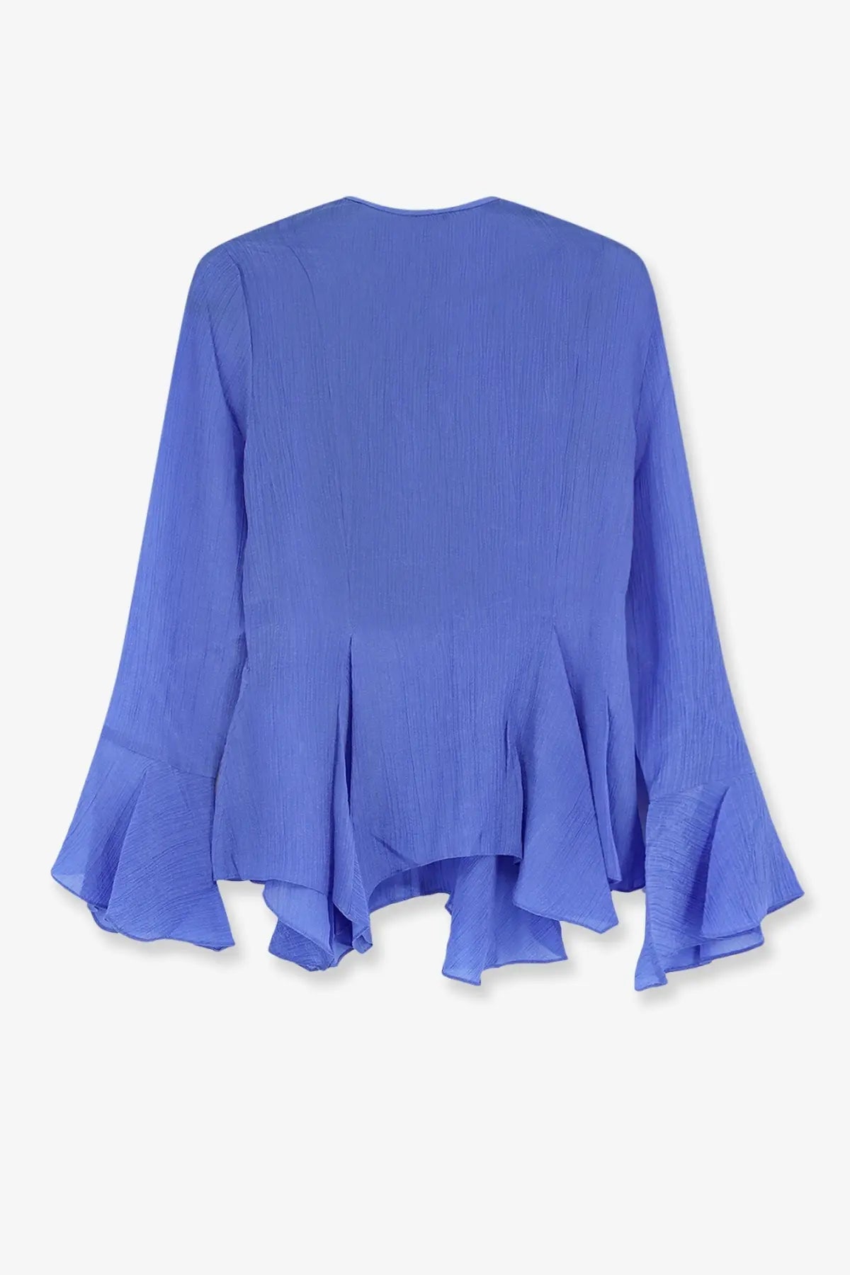 A vibrant royal blue polo ralph lauren women’s lyocell blouse with textured crinkled fabric and flared bell sleeves