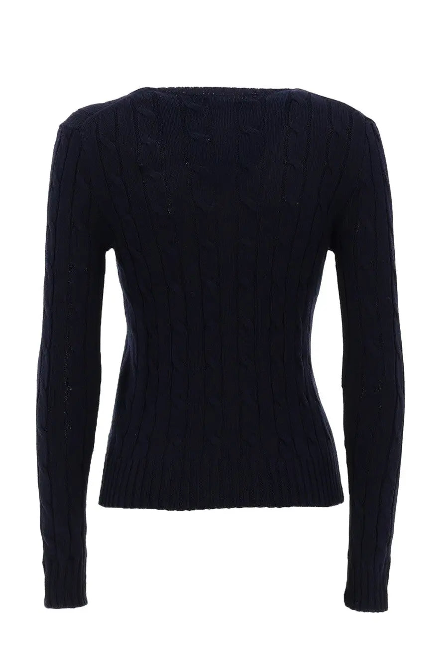A navy blue cable-knit wool sweater with a ribbed neckline and long sleeves from Polo Ralph Lauren women’s collection