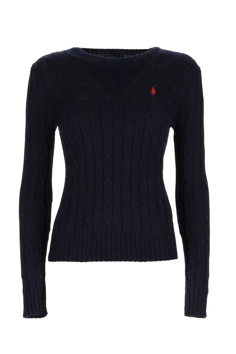 Navy blue cable-knit sweater with red embroidered Polo Ralph Lauren polo player logo on left chest women’s maglia trecce con blue