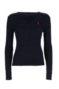 Navy blue cable-knit sweater with red embroidered Polo Ralph Lauren polo player logo on left chest women’s maglia trecce con blue