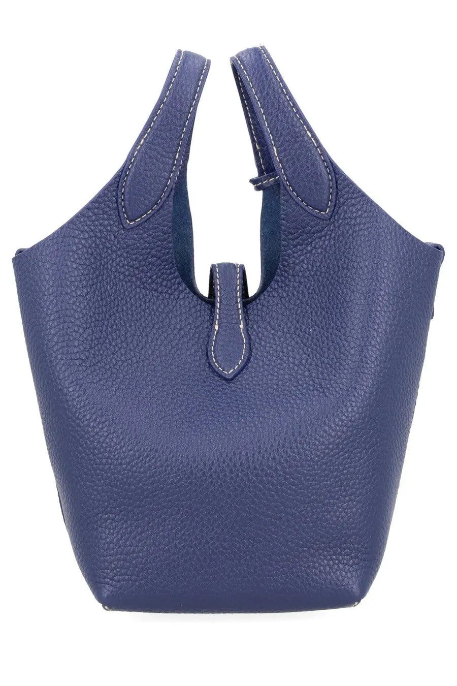 Deep blue textured leather tote bag with white stitching and minimalist flap closure by Polo Ralph Lauren Women