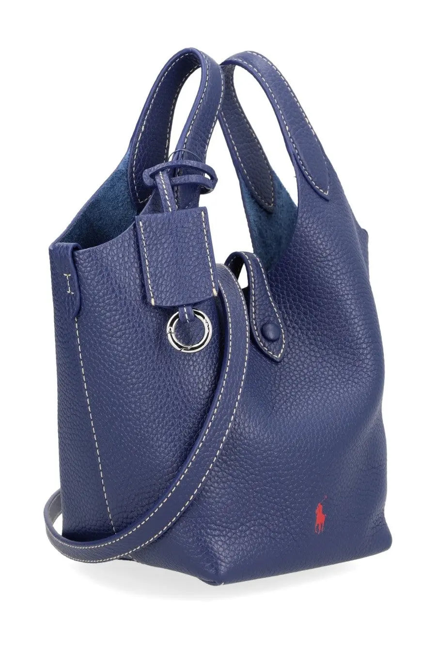 Navy blue leather Polo Ralph Lauren women’s tote bag with white stitching and red embroidered Polo Play logo