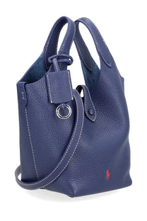 Navy blue leather Polo Ralph Lauren women’s tote bag with white stitching and red embroidered Polo Play logo