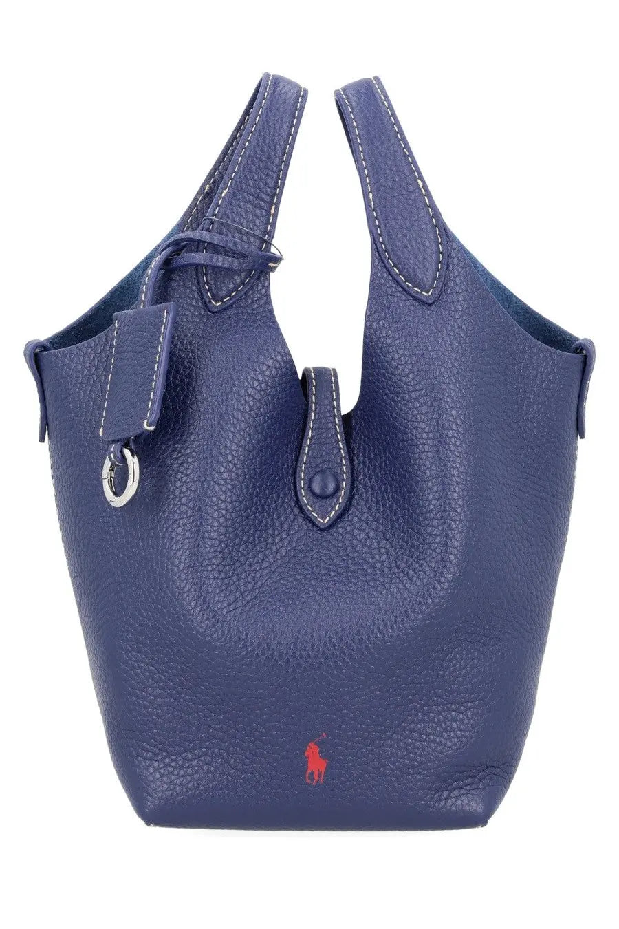 Navy blue leather tote bag with white stitching and red embroidered logo by Polo Ralph Lauren women’s Polo Play bag blue