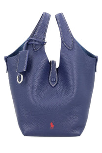 Navy blue leather tote bag with white stitching and red embroidered logo by Polo Ralph Lauren women’s Polo Play bag blue