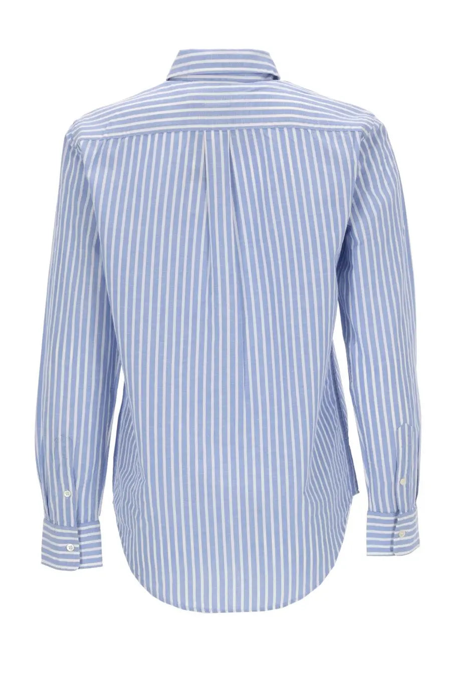 Polo ralph lauren women’s blue classic long-sleeved button-down shirt with white vertical stripes and pleated back view