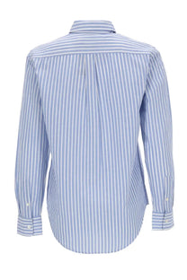 Polo ralph lauren women’s blue classic long-sleeved button-down shirt with white vertical stripes and pleated back view
