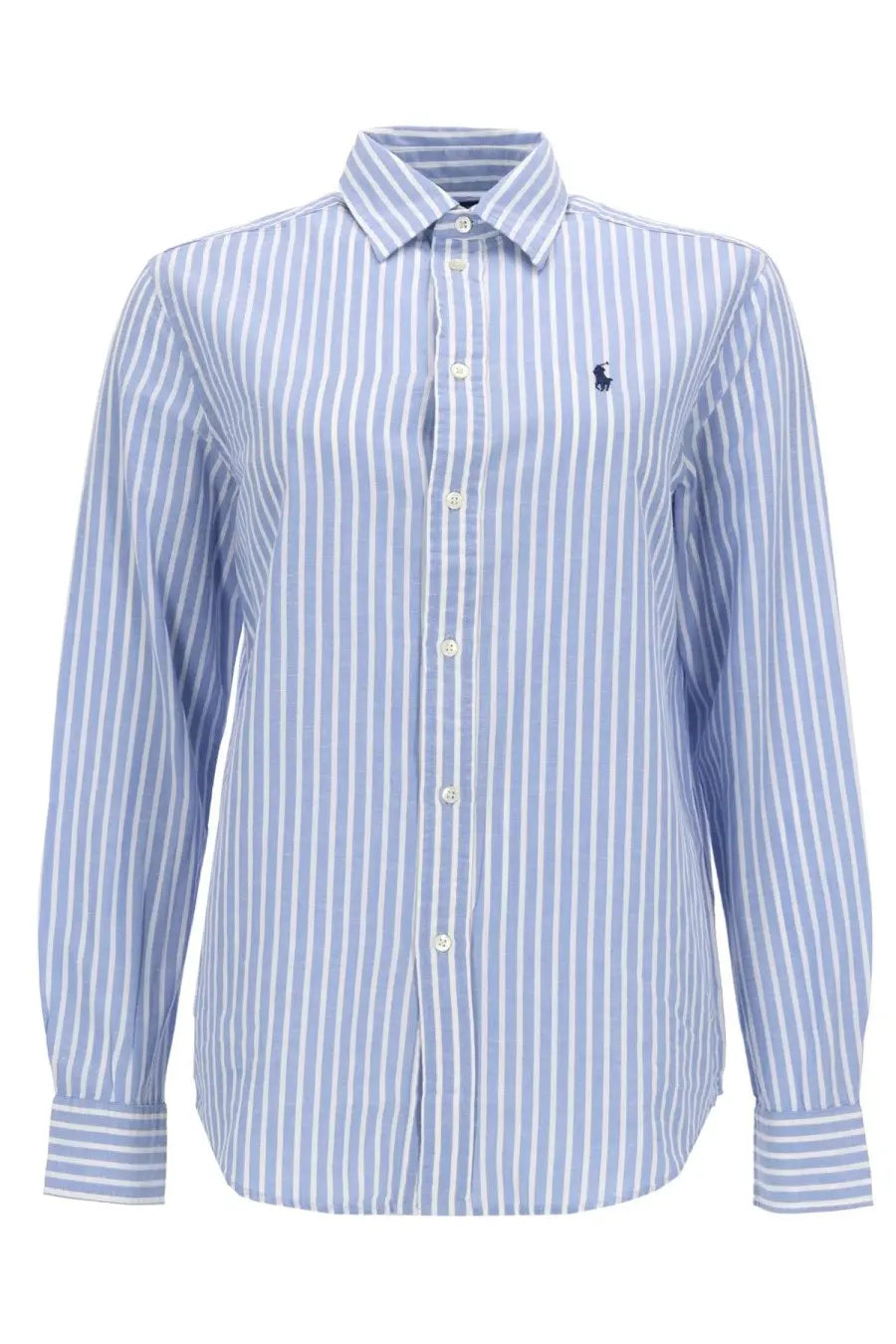 Polo Ralph Lauren women’s blue classic long-sleeved striped button-down shirt with navy embroidered polo logo