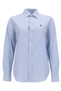 Polo Ralph Lauren women’s blue classic long-sleeved striped button-down shirt with navy embroidered polo logo