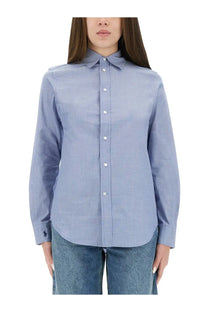 Polo Ralph Lauren women’s light blue button-down shirt with subtle textured weave and embroidered polo player logo on chest