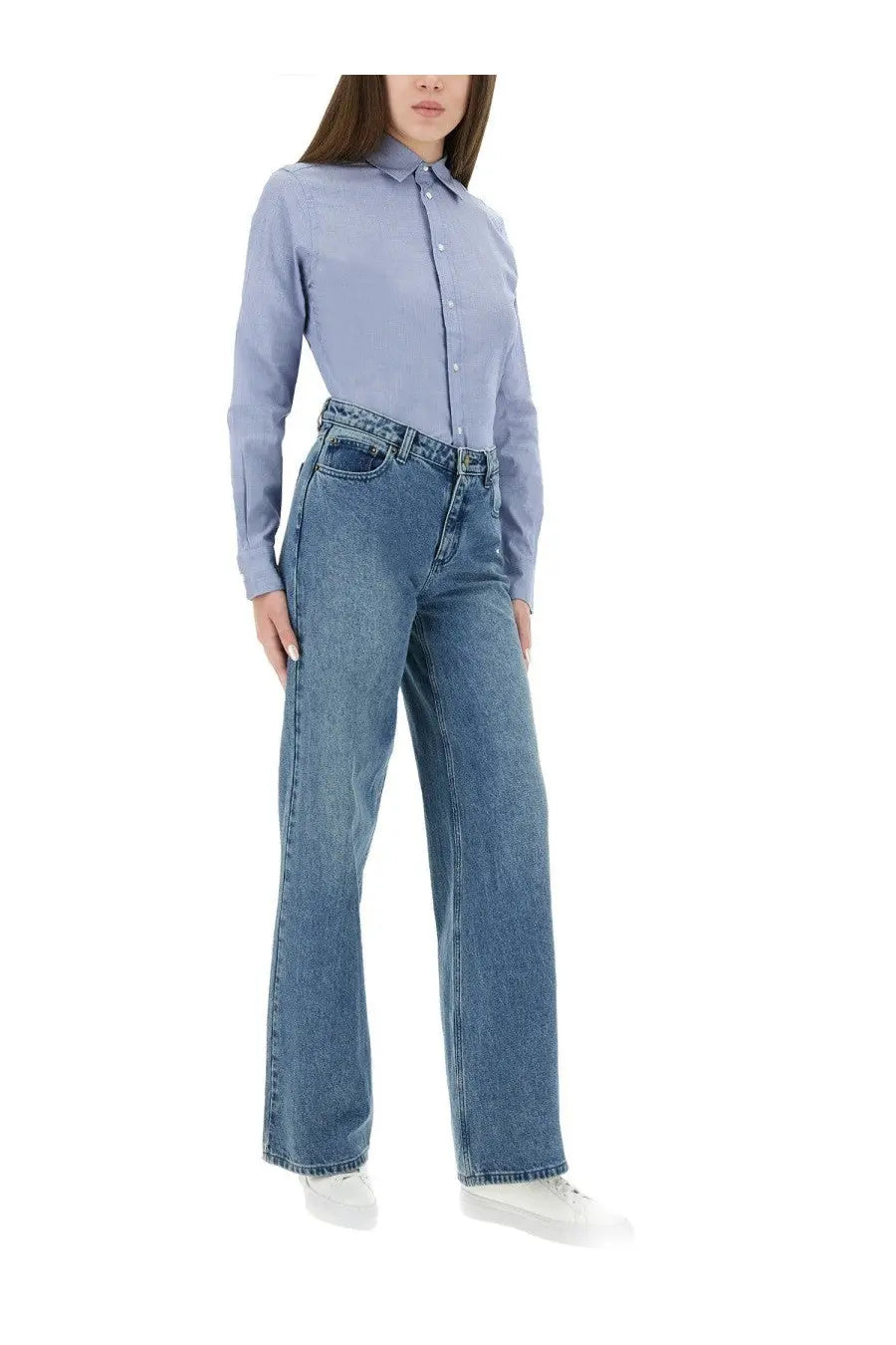 Polo Ralph Lauren women’s light blue long-sleeved button-up shirt with classic collar and pressed fabric