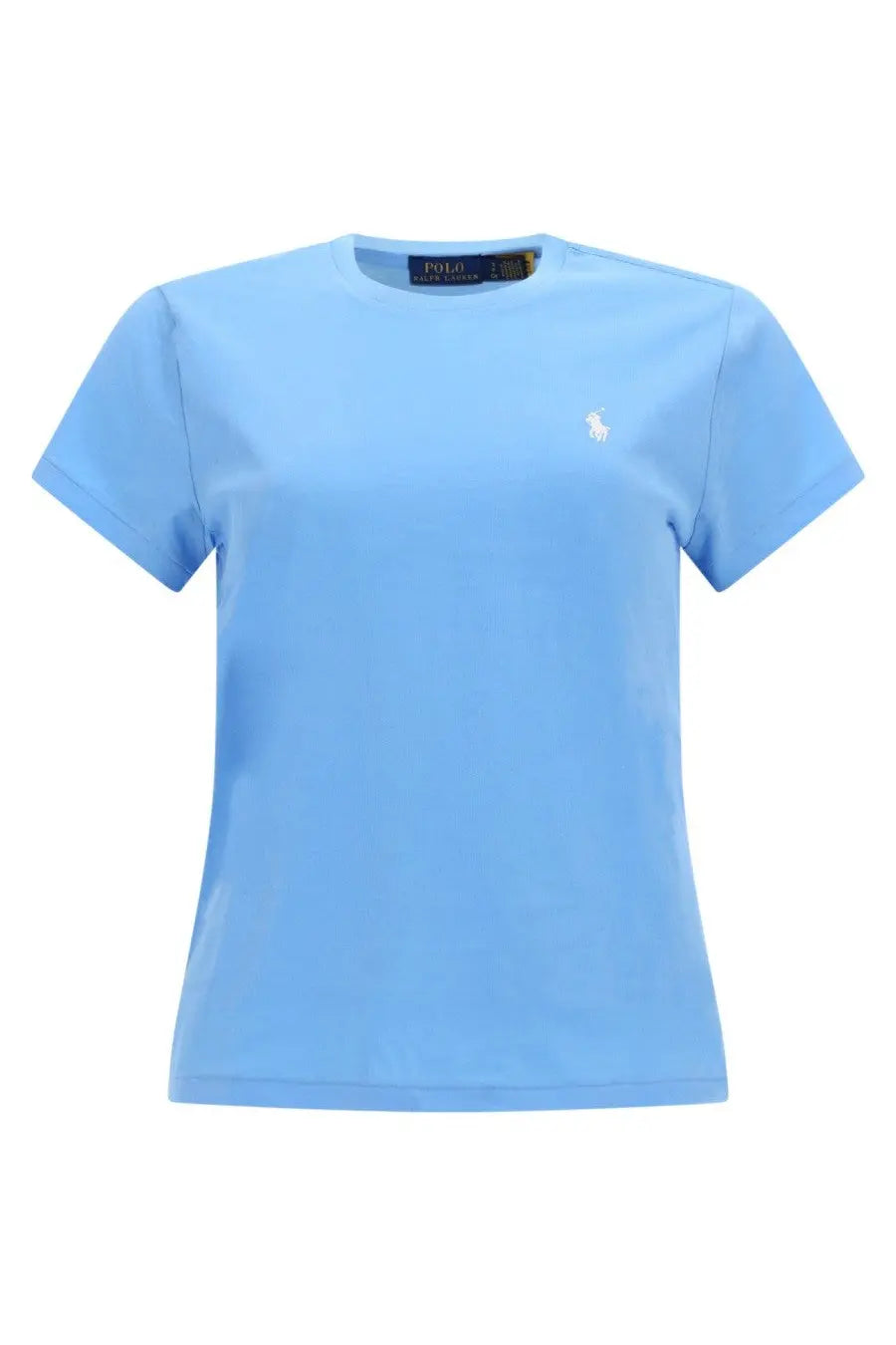 Light blue polo ralph lauren women’s short-sleeved shirt with white embroidered polo player logo and navy neckline tag