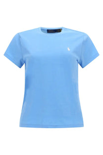 Light blue polo ralph lauren women’s short-sleeved shirt with white embroidered polo player logo and navy neckline tag