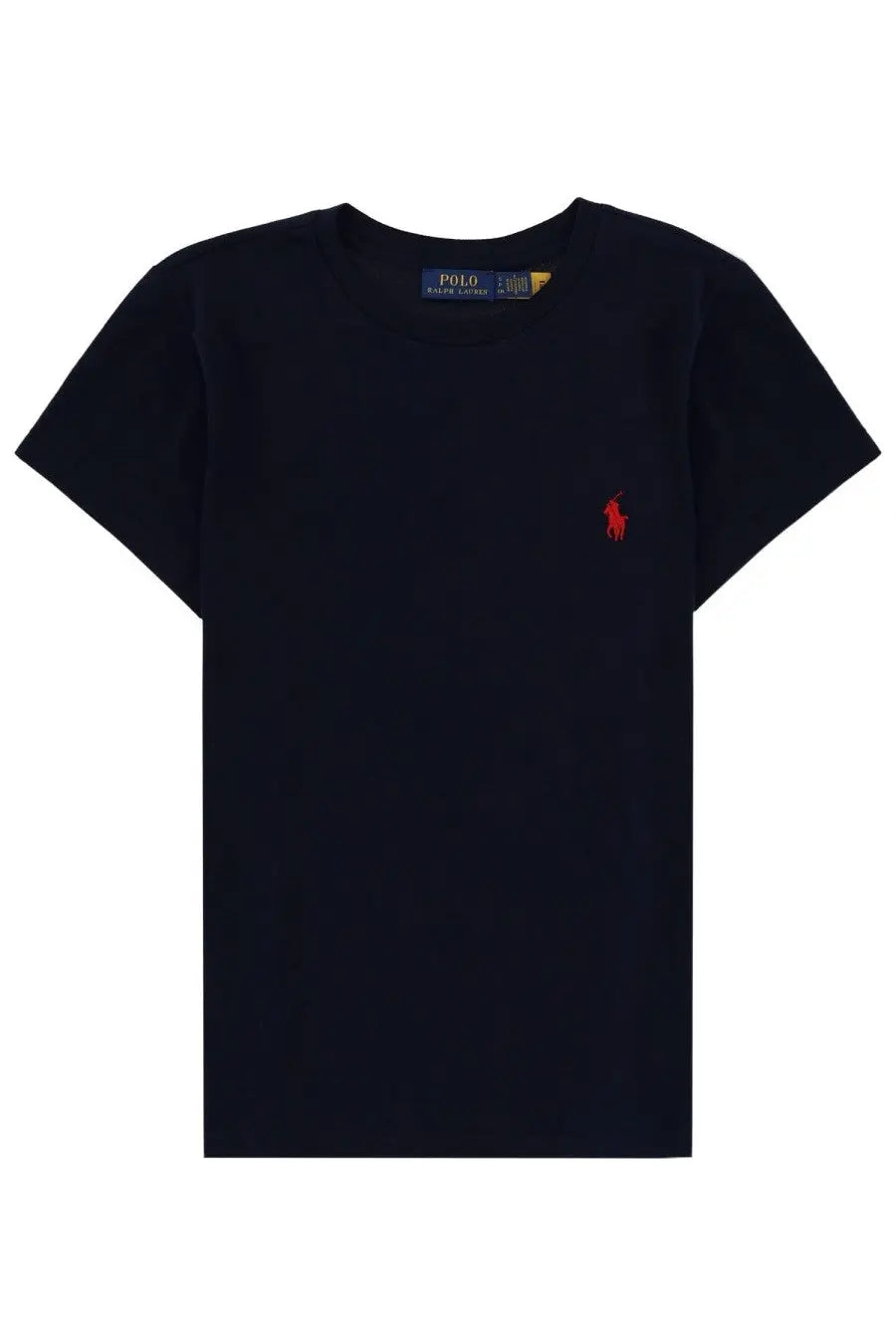 Navy blue Polo Ralph Lauren women’s short-sleeved t-shirt with red embroidered polo player logo and brand tag
