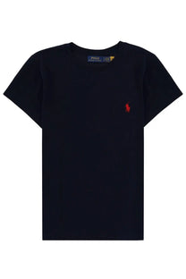 Navy blue Polo Ralph Lauren women’s short-sleeved t-shirt with red embroidered polo player logo and brand tag