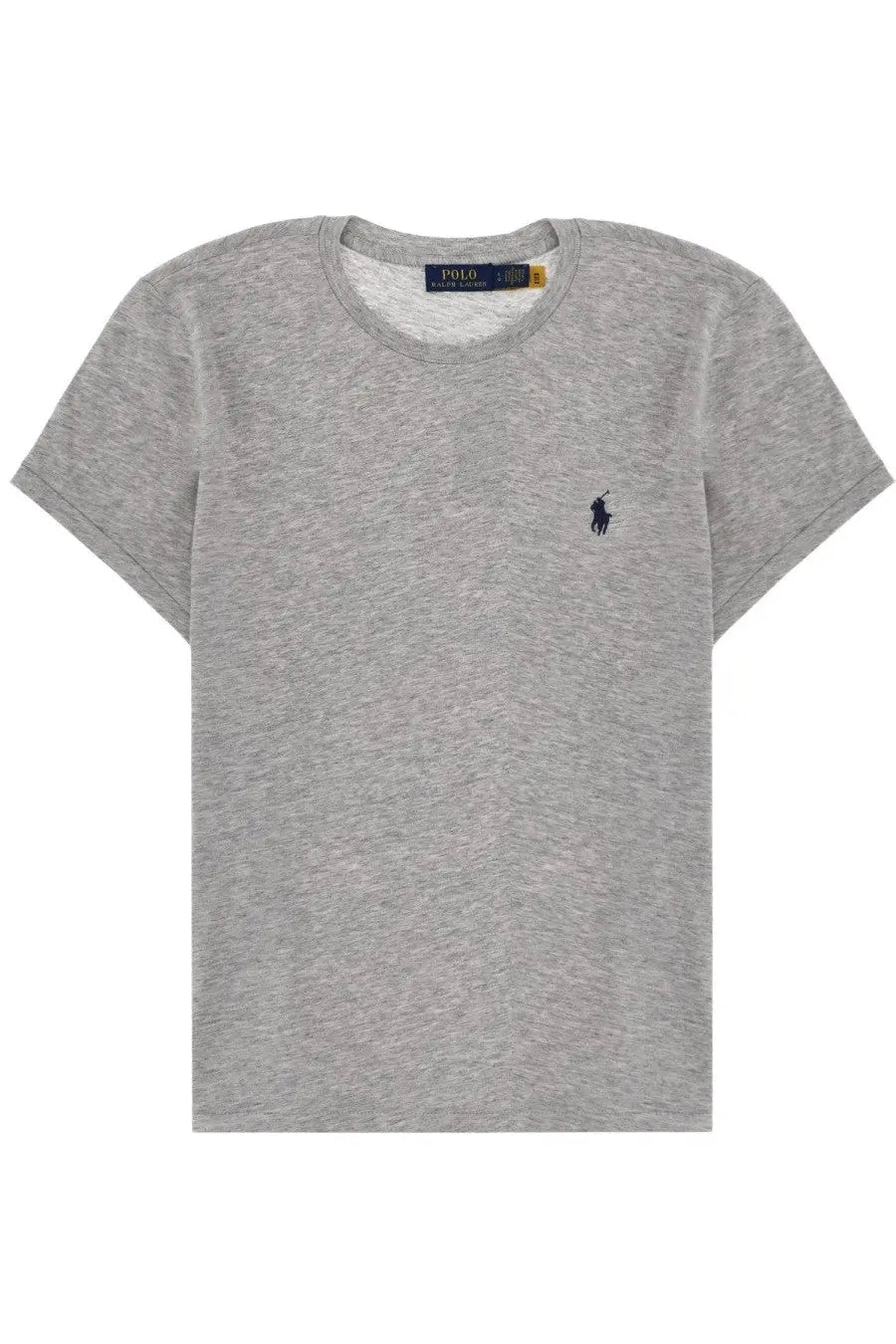 Polo Ralph Lauren women’s grey heathered cotton t-shirt with navy embroidered polo player logo and branded neckline tag