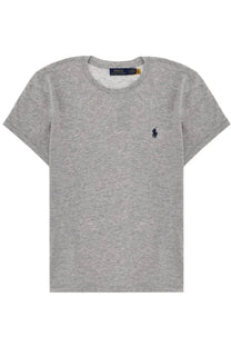 Polo Ralph Lauren women’s grey heathered cotton t-shirt with navy embroidered polo player logo and branded neckline tag