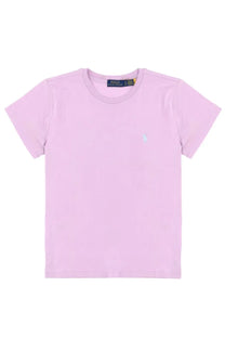 Polo ralph lauren women’s light pink short-sleeved t-shirt with embroidered polo player logo and brand tag at collar