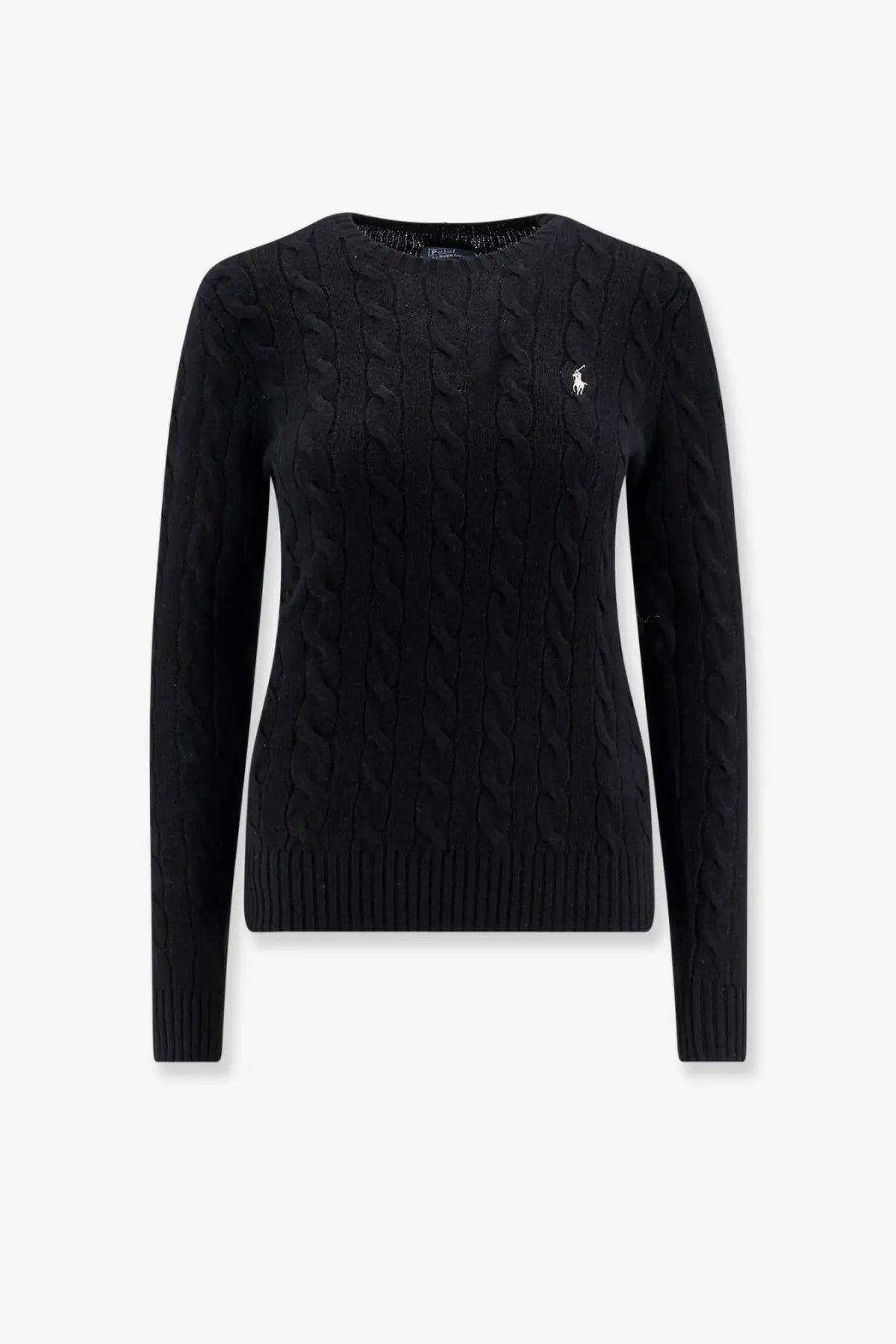 Polo Ralph Lauren women’s black wool and cashmere cable knit sweater with a white embroidered polo player logo