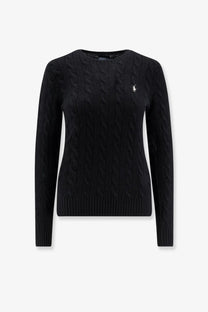 Polo Ralph Lauren women’s black wool and cashmere cable knit sweater with a white embroidered polo player logo