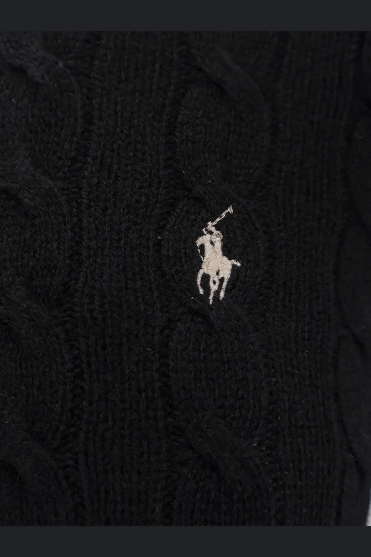 Black cable knit sweater with white embroidered Polo Ralph Lauren logo made of wool and cashmere for women