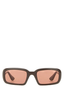 Black rectangular Port Tanger women’s Mektoub sunglasses with pink-tinted lenses and brown frame