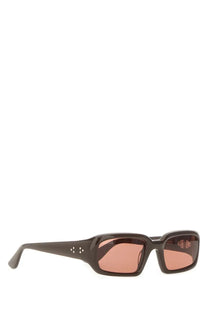 Port Tanger women’s Mektoub sunglasses with dark brown rectangular frames and pink-tinted lenses with logo on temple