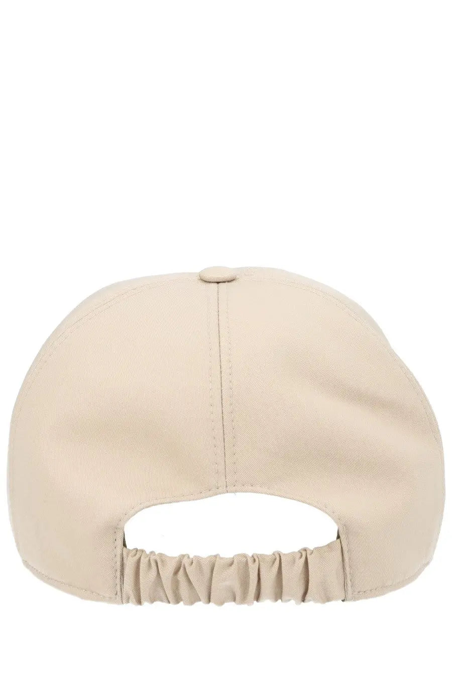 Beige premiata men’s baseball hat showing the elasticated backband and button top design