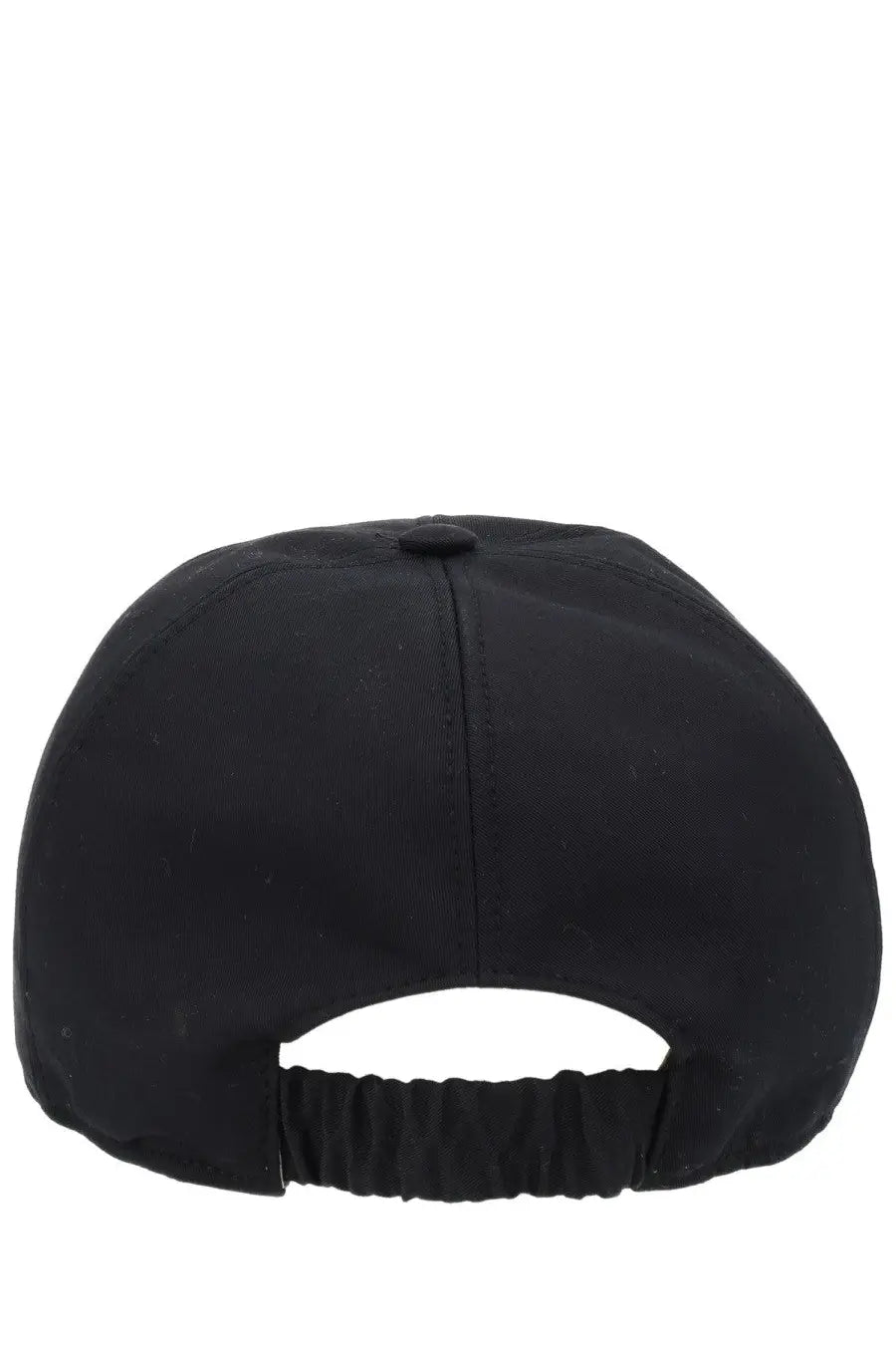 Black premia ta men’s baseball hat showing back side with fabric strap and button closure
